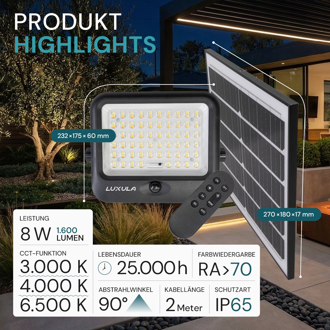 Solarstrahler, LED-Fluter, Solar mit Akku, PIR, 8W, 1600lm, 3CCT, IP65, schwarz.