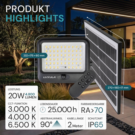 Solarstrahler, LED-Fluter, Solar mit Akku, PIR, 20W, 4800lm, 3CCT, IP65, schwarz.