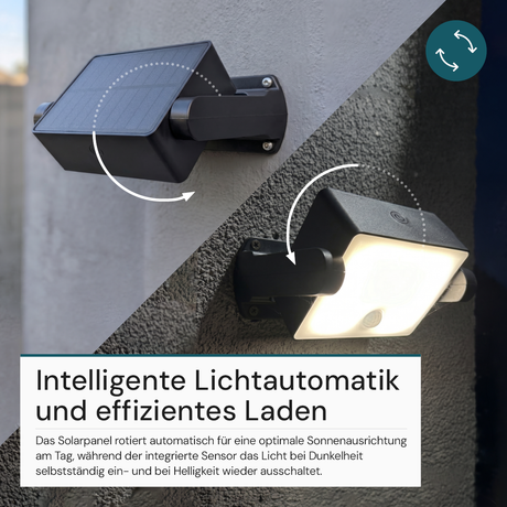 Automatisch rotierender Solar-Fluter mit Bewegungssensor, 6W, 800 lm, 3000K, IP65, Akku