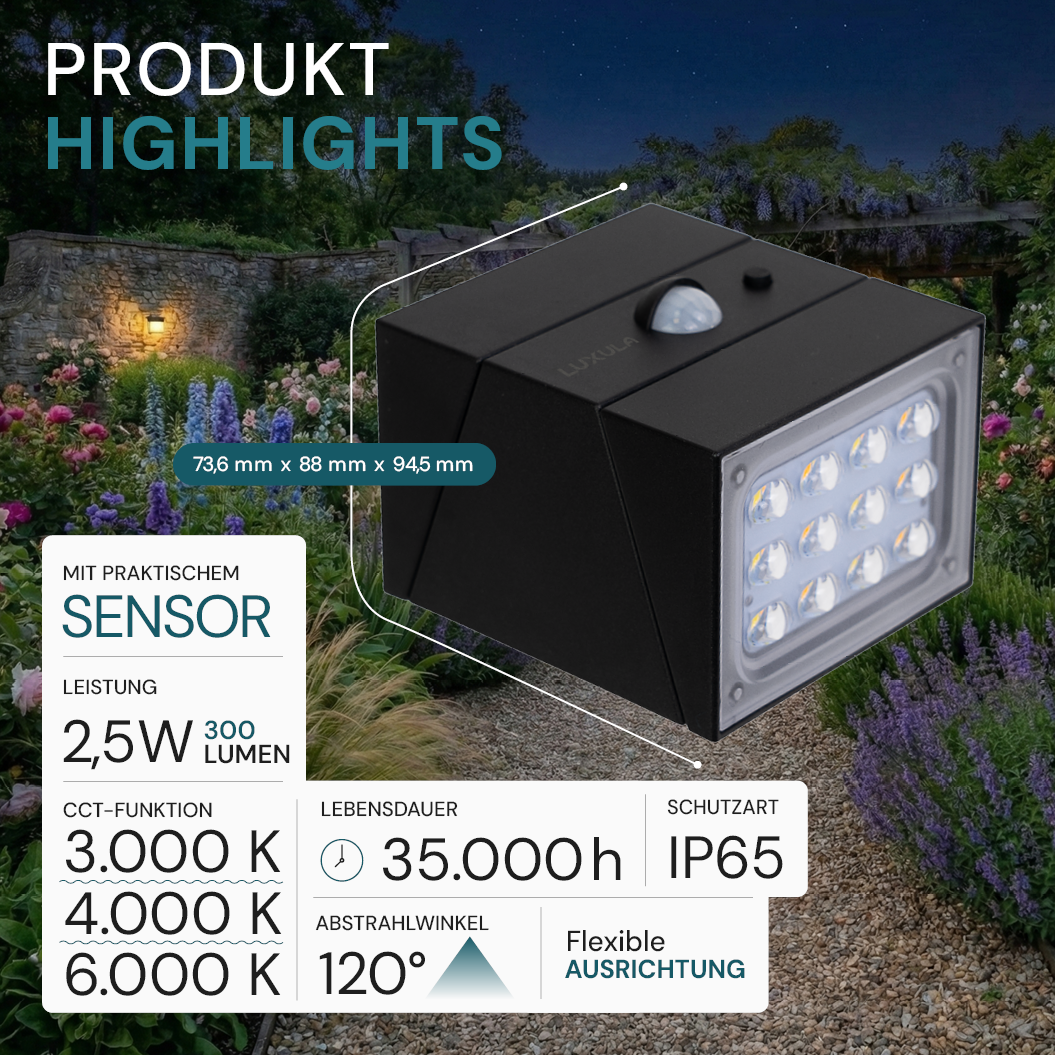 Solar LED Wandleuchte mit drehbarem Lichtkopf und Solarpanel, PIR-Sensor, IP65 und 3 CCT mit Akku, schwarz