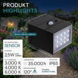 Solar LED Wandleuchte mit drehbarem Lichtkopf und Solarpanel, PIR-Sensor, IP65 und 3 CCT mit Akku, schwarz