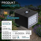 Solar LED Wandleuchte mit drehbarem Lichtkopf und Solarpanel, PIR-Sensor, IP65 und 3 CCT mit Akku, schwarz