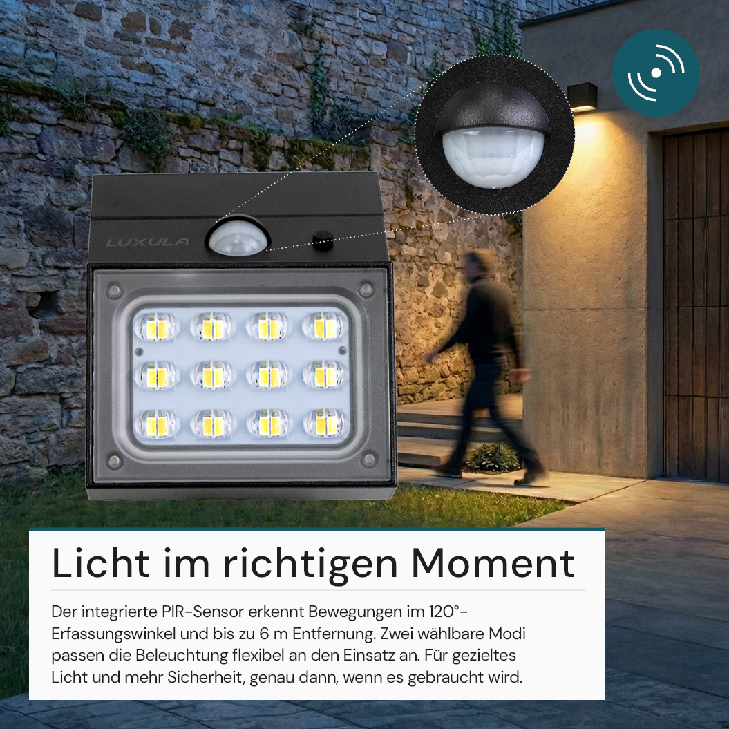 Solar LED Wandleuchte mit drehbarem Lichtkopf und Solarpanel, PIR-Sensor, IP65 und 3 CCT mit Akku, schwarz