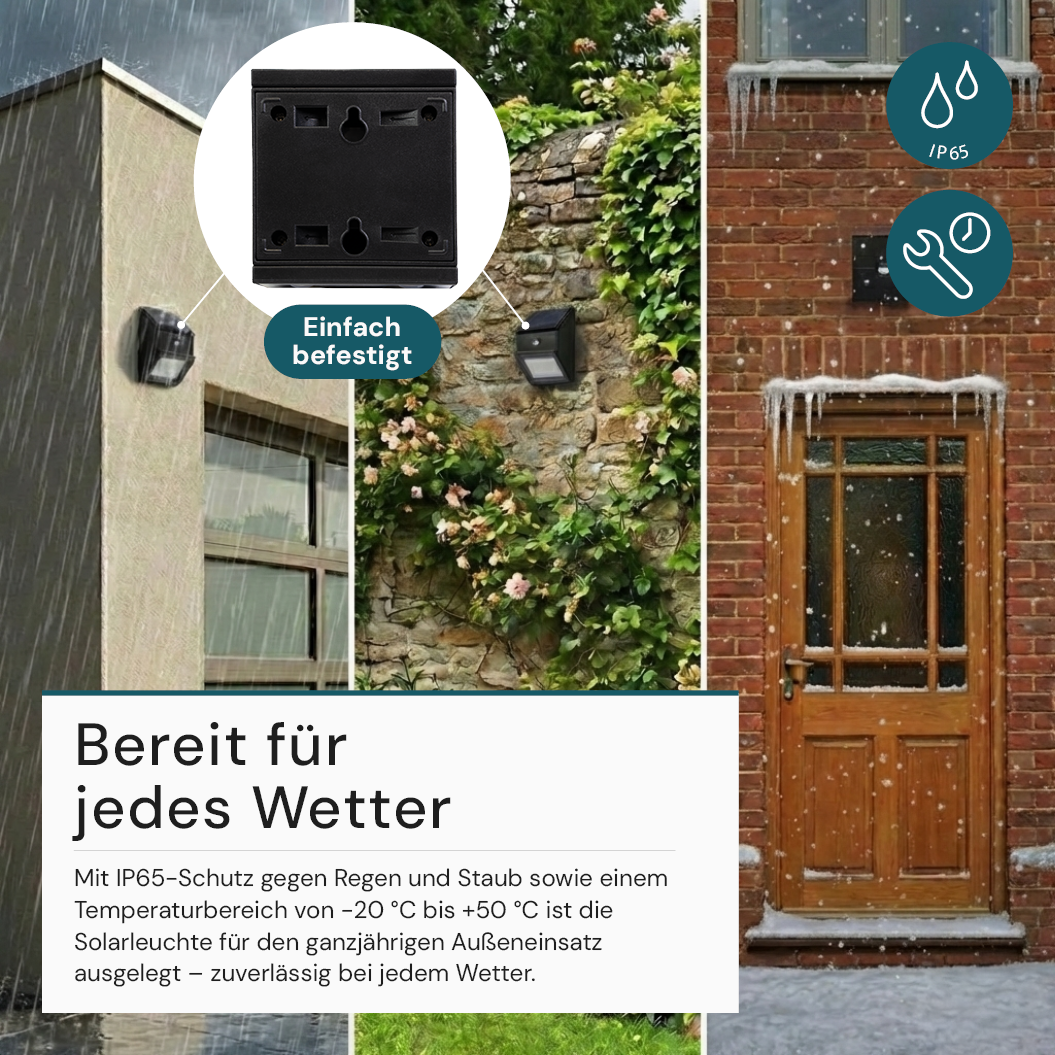 Solar LED Wandleuchte mit drehbarem Lichtkopf und Solarpanel, PIR-Sensor, IP65 und 3 CCT mit Akku, schwarz