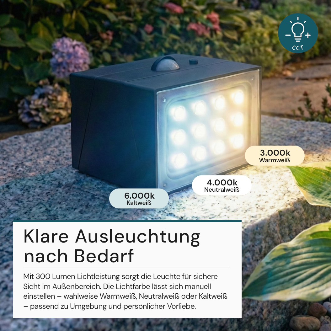 Solar LED Wandleuchte mit drehbarem Lichtkopf und Solarpanel, PIR-Sensor, IP65 und 3 CCT mit Akku, schwarz