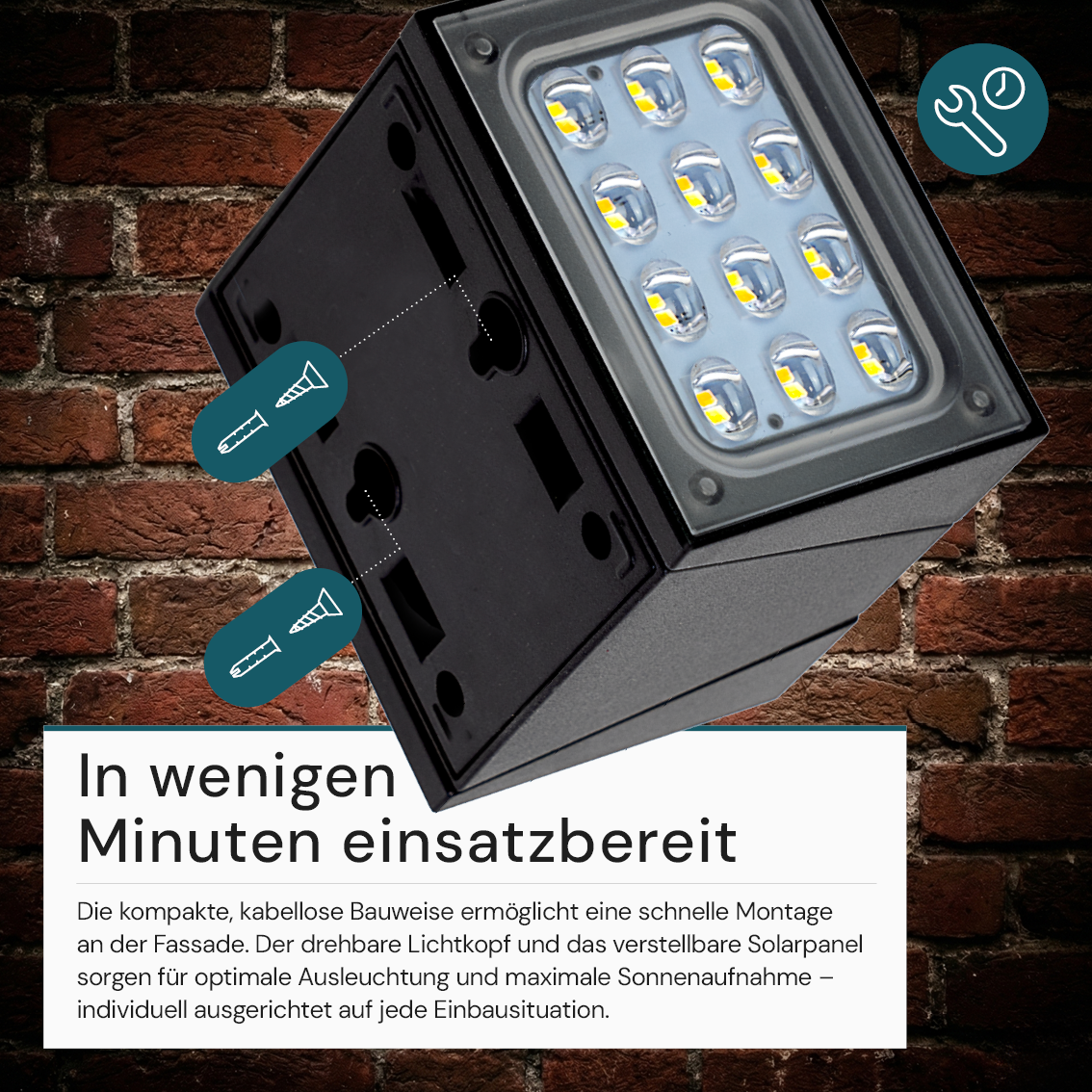 Solar LED Wandleuchte mit drehbarem Lichtkopf und Solarpanel, PIR-Sensor, IP65 und 3 CCT mit Akku, schwarz