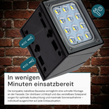 Solar LED Wandleuchte mit drehbarem Lichtkopf und Solarpanel, PIR-Sensor, IP65 und 3 CCT mit Akku, schwarz