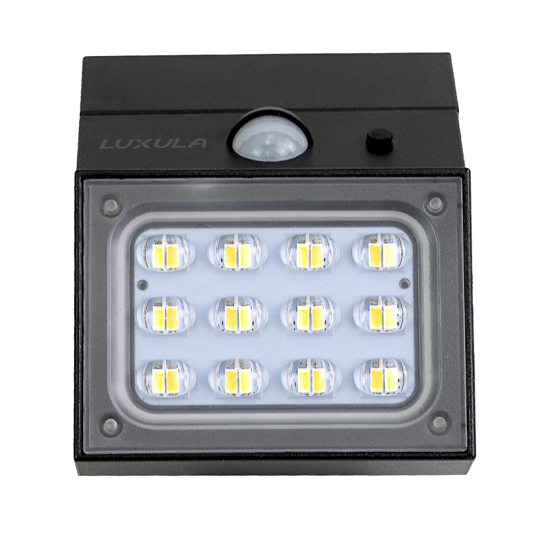 Solar LED Wandleuchte mit drehbarem Lichtkopf und Solarpanel, PIR-Sensor, IP65 und 3 CCT mit Akku, schwarz