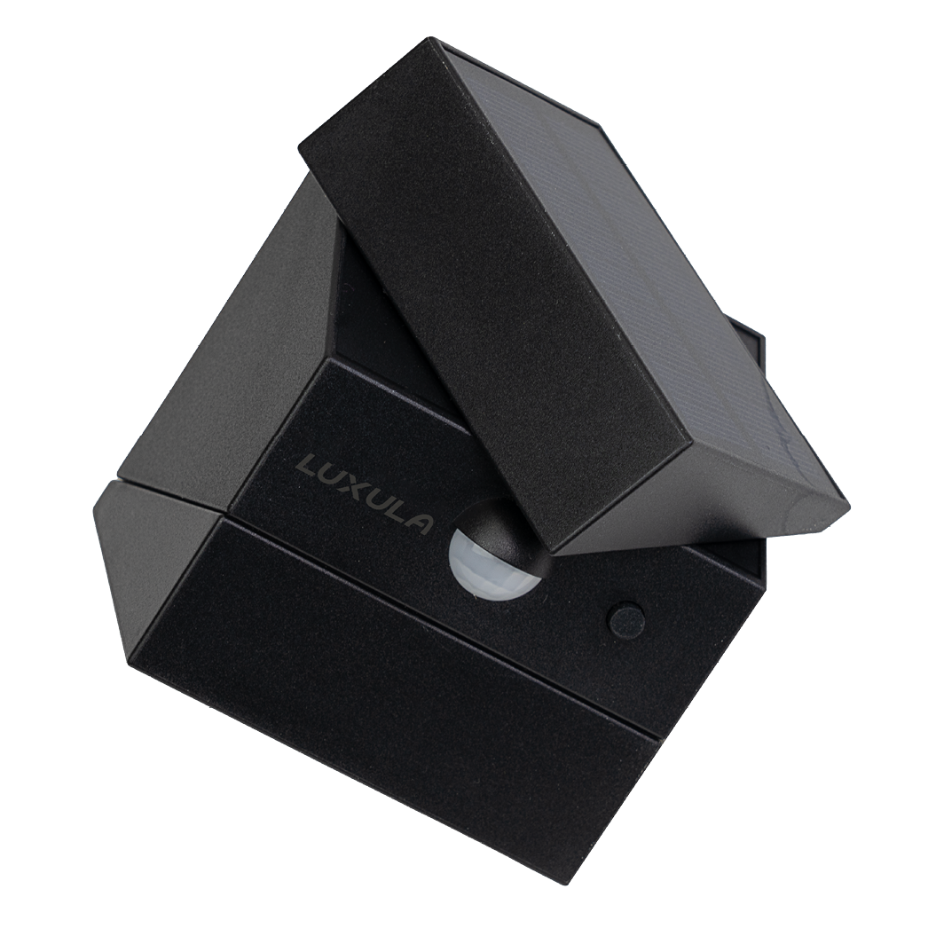 Solar LED Wandleuchte mit drehbarem Lichtkopf und Solarpanel, PIR-Sensor, IP65 und 3 CCT mit Akku, schwarz