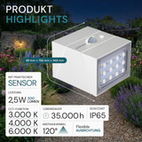 Solar LED Wandleuchte mit drehbarem Lichtkopf und Solarpanel, PIR-Sensor, IP65 und 3 CCT mit Akku, weiß