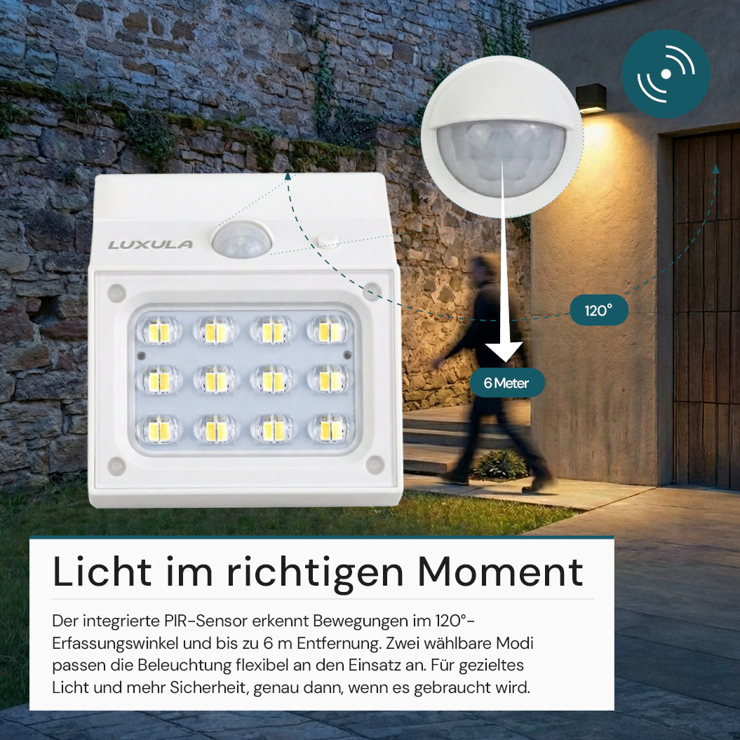Solar LED Wandleuchte mit drehbarem Lichtkopf und Solarpanel, PIR-Sensor, IP65 und 3 CCT mit Akku, weiß