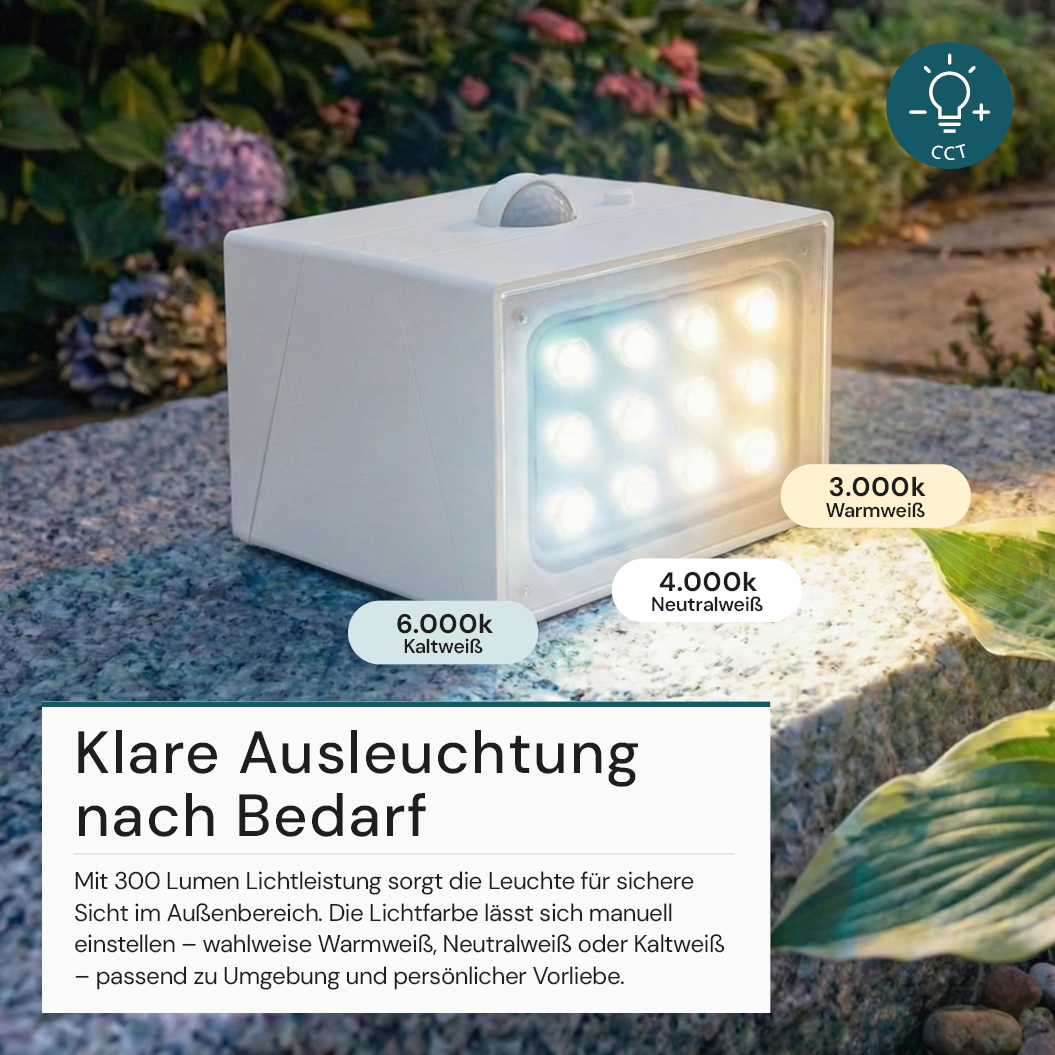 Solar LED Wandleuchte mit drehbarem Lichtkopf und Solarpanel, PIR-Sensor, IP65 und 3 CCT mit Akku, weiß