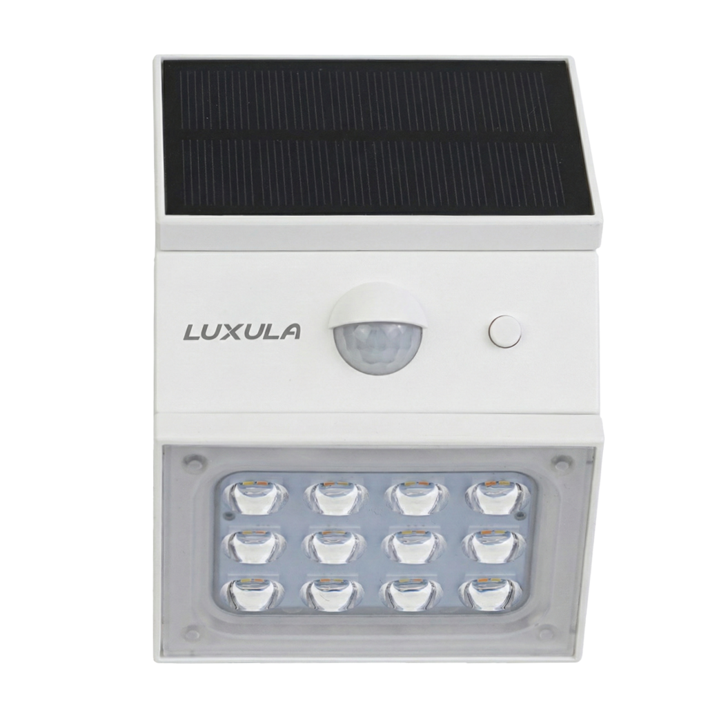 Solar LED Wandleuchte mit drehbarem Lichtkopf und Solarpanel, PIR-Sensor, IP65 und 3 CCT mit Akku, weiß