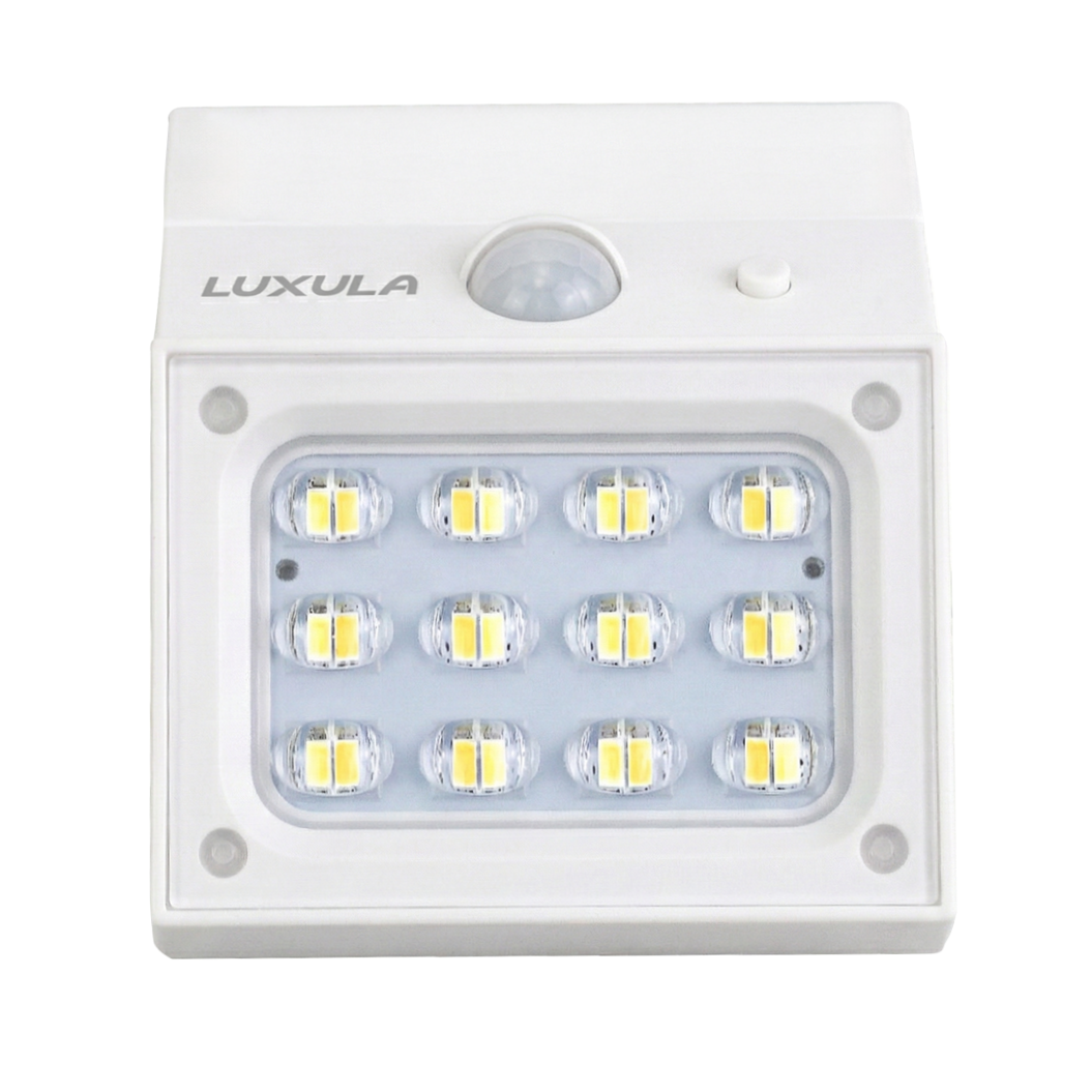 Solar LED Wandleuchte mit drehbarem Lichtkopf und Solarpanel, PIR-Sensor, IP65 und 3 CCT mit Akku, weiß