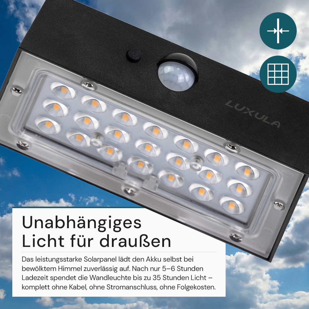 Solar LED Wandleuchte Up/Down, PIR-Sensor, IP65, Warmweiß (3000 K), mit Akku