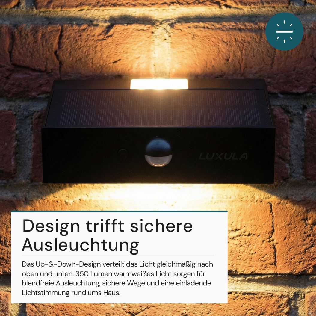 Solar LED Wandleuchte Up/Down, PIR-Sensor, IP65, Warmweiß (3000 K), mit Akku