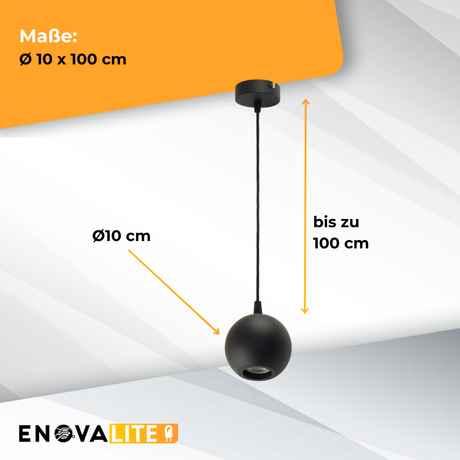 Pendelleuchte GLOBE, in Schwarz, aus Alu und Stahl, 1-flammig, GU10-Fassung, IP20, Ø10cm.