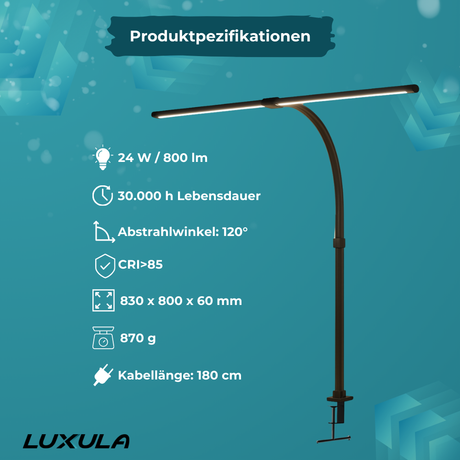 2er Pack LED-Schreibtischlampe, Doppelkopf, schwarz, dimmbar, 5 Farbtemperaturstufen, 24 W, 800 lm, klemm- und verstellbare Monitorlampe.