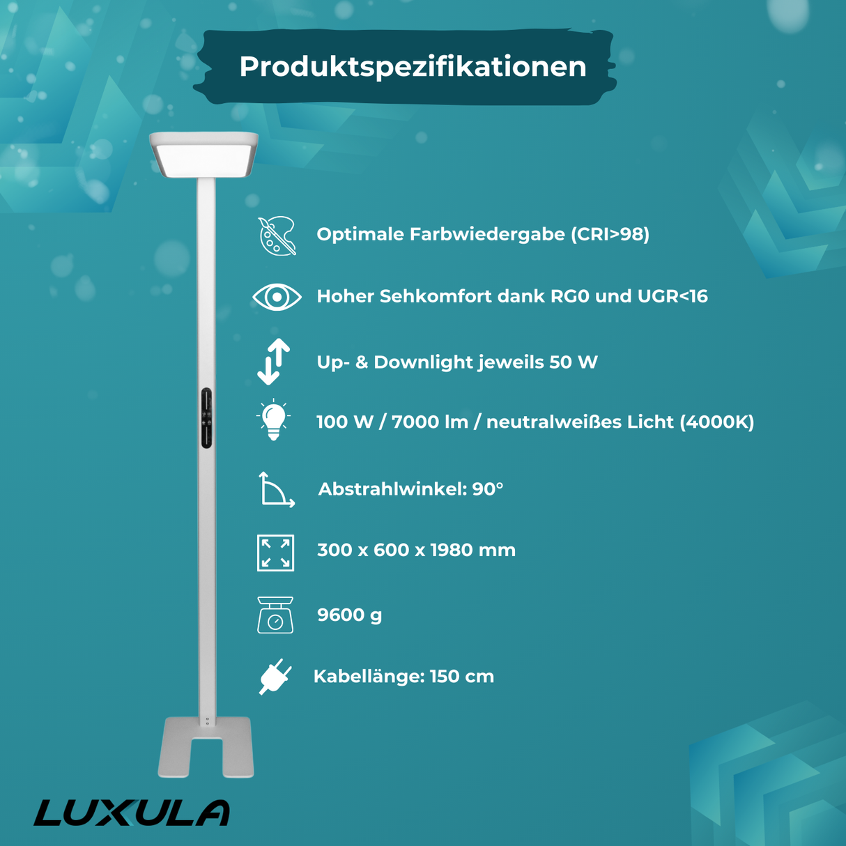 2er Pack LED Büro-Stehleuchte, Up/Down, weiß, 100 W, 7000 lm, 4000 K (neutralweiß), UGR<16, CRI98, dimmbar, RG0, Bridgelux LED, Arbeitsplatzleuchte