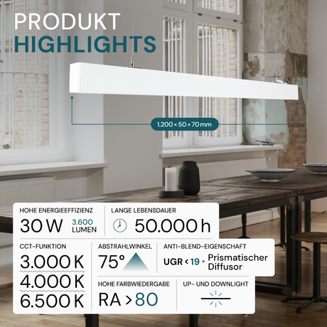 LED Büro-/Tresenleuchte Up&Down, weiß, 120 cm, 30 W, 3600 lm, UGR<19, 3000-6500 K (CCT), LIFUD Netzteil, erweiterbar, Aluminium