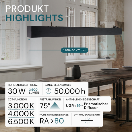 LED Büro-/Tresenleuchte Up&Down, schwarz, 120 cm, 30 W, 3600 lm, UGR<19, 3000-6500 K (CCT), LIFUD Netzteil, erweiterbar, Aluminium