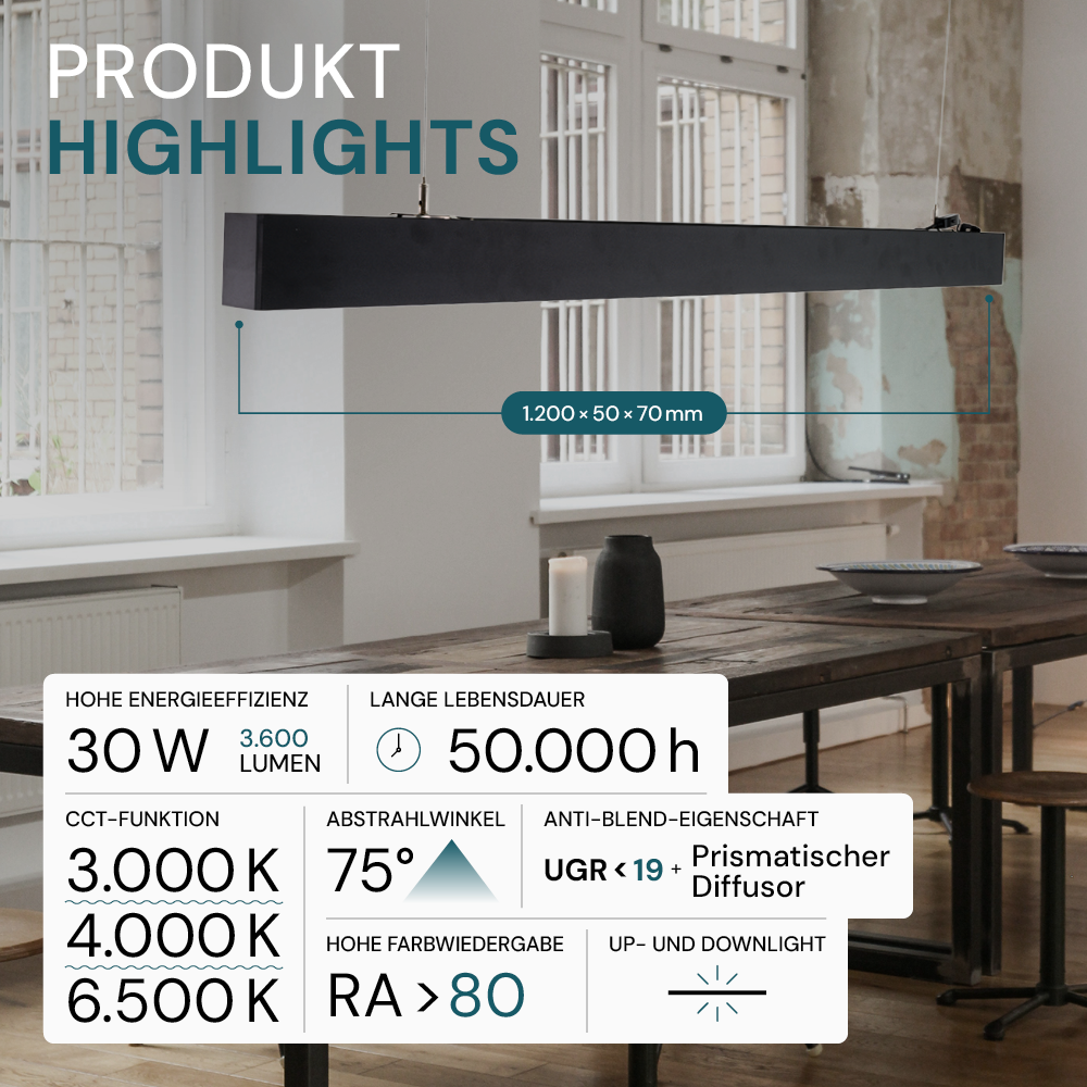 3er-Pack LED Büro-/Tresenleuchte Up&Down, schwarz, 120 cm, 30 W, 3600 lm, UGR<19, 3000-6500 K (CCT), LIFUD Netzteil, erweiterbar, Aluminium