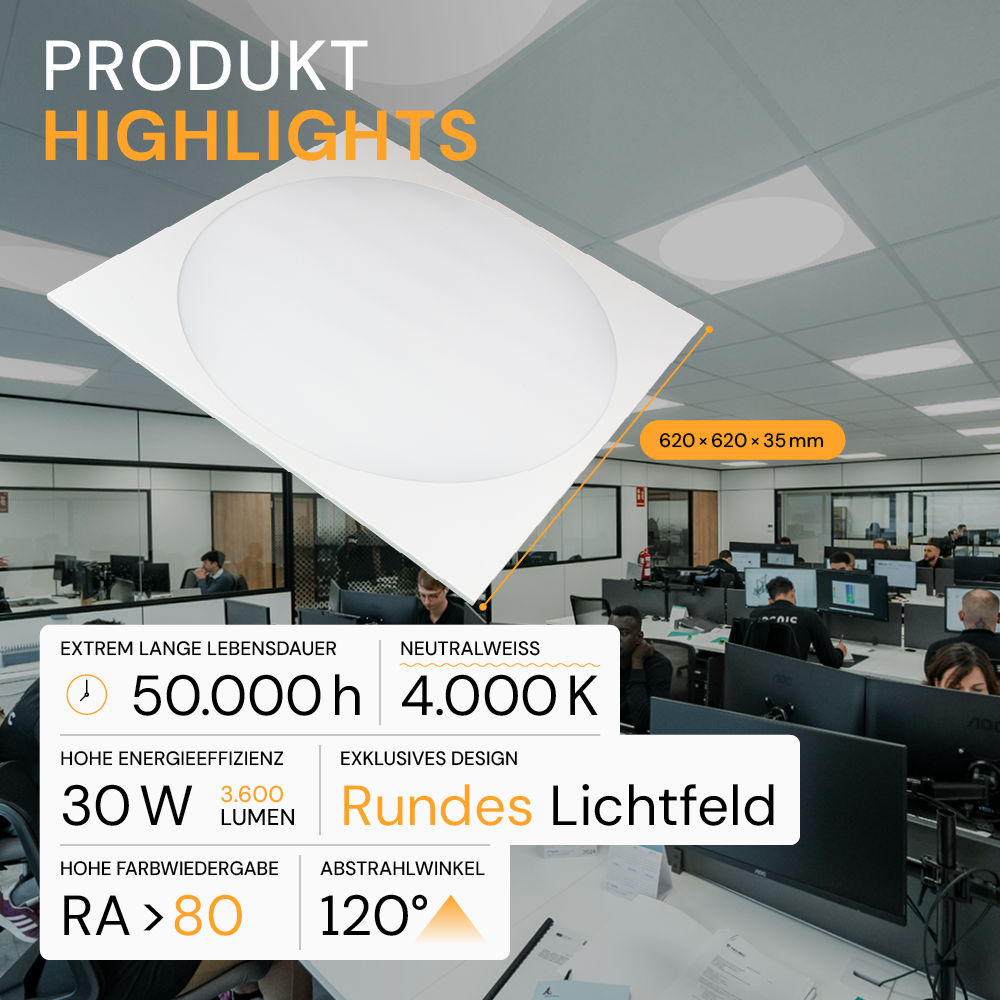 LED-Panel mit runder Leuchtfläche, 62x62 cm, 30 W, 3600 lm, 4000 K (neutralweiß), Lifud Netzteil
