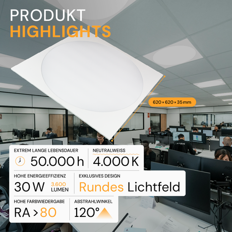 5er Pack LED-Panel mit runder Leuchtfläche, 62x62 cm, 30 W, 3600 lm, 4000 K (neutralweiß), Lifud Netzteil