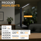 LED-Tischleuchte mit induktiver Ladestation, schwarz, inklusive Dimm- und CCT-Funktion, 5 W Leistung, 160x320 mm