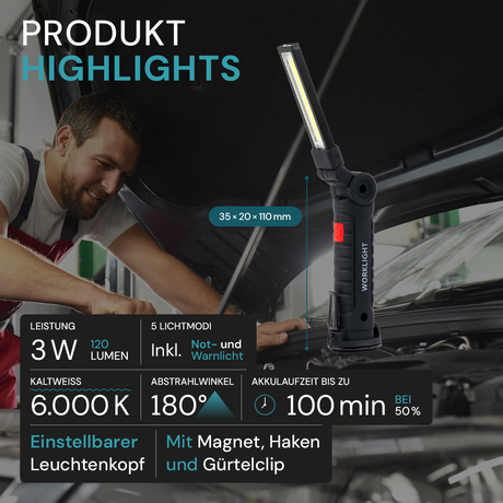 LED-Arbeitsleuchte mit Akku, 5 Lichtmodi, 11 cm, mit Magnet und Haken, USB-aufladbar, drehbare Taschenlampe, Inspektionsleuchte