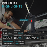 LED-Arbeitsleuchte mit Akku, 5 Lichtmodi, 14 cm, mit Magnet und Haken, USB-aufladbar, drehbare Taschenlampe, Inspektionsleuchte