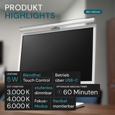 Monitor Lampe in Weiß, Touch Control, 50 cm, 5 W Leistung, Lichtfarbe und Helligkeit einstellbar, Bildschirmlampe