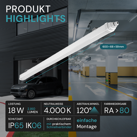 LED Feuchtraumleuchte, 60 cm, 18 W, 2160 lm, 4000 K (neutralweiß), IP65, IK06, durchschleifbar, mit Quick Connector