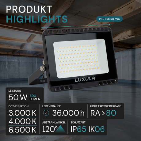 LED CCT Fluter, 50 W, 3000-6500 K (warm-, neutral-, kaltweiß), 5000 lm, schwarz, IP65.