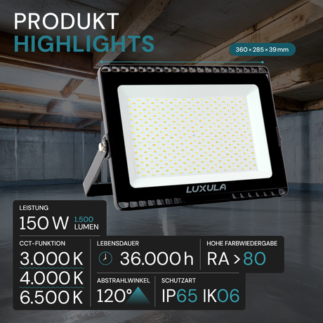 LED CCT Fluter, 150 W, 3000-6500 K (warm-, neutral-, kaltweiß), 15000 lm, schwarz, IP65