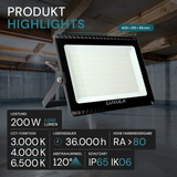 LED CCT Fluter, 200 W, 3000-6500 K (warm-, neutral-, kaltweiß), 20000 lm, schwarz, IP65