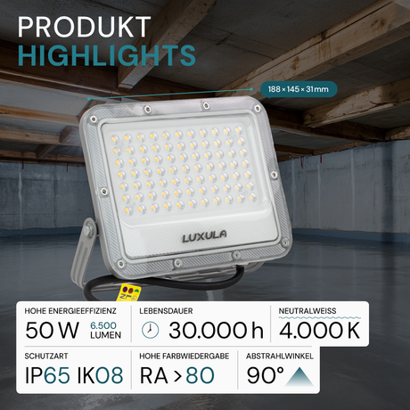 LED-Fluter, 50 W, 4000 K (neutralweiß), 6500 lm, grau, IP65