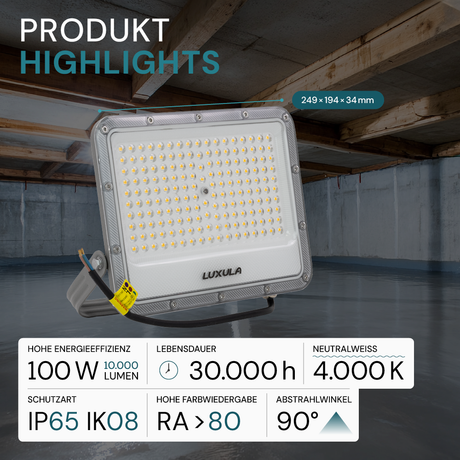 LED-Fluter, 100 W, 4000 K (neutralweiß), 12000 lm, grau, IP65