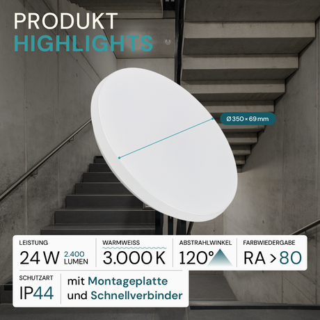 9er-Pack LED Deckenlampe, rund, 24 W, 2500 lm, 3000 K (warmweiß), Ø35 cm, IP44-wassergeschützt, Quick Connector, moderne Leuchte, Badezimmer Lampe