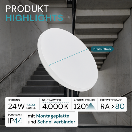 9er-Pack LED Deckenlampe, rund, 24 W, 2500 lm, 4000 K (neutralweiß), Ø35 cm, IP44-wassergeschützt, Quick Connector, moderne Leuchte, Badezimmer Lampe