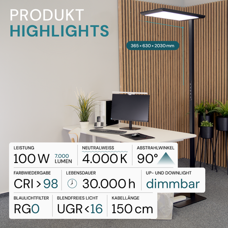 LED Büro-Stehleuchte, Up/Down, in Schwarz, 100 W, 7000 lm, 4000 K (neutralweiß), UGR<16, CRI98, dimmbar, RG0, Bridgelux LED