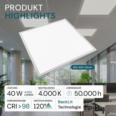 LED BackLit Panel, 62x62 cm, CRI98, 40W, 4000lm, 4000K