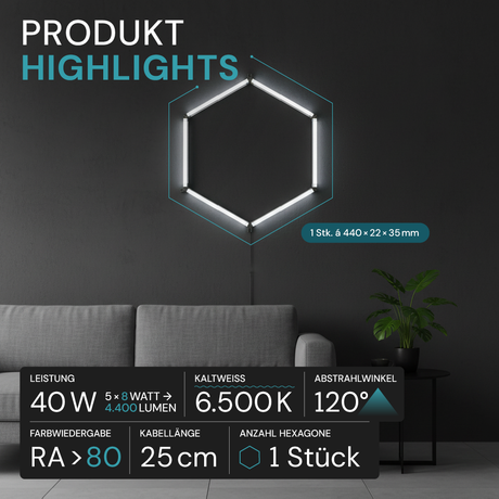LED Deckenleuchte, HexaForm, 1er Set, 6500 K (Kaltweiß), Hexagon Leuchte, 40 W Garagenlampe, Salon Beleuchtung