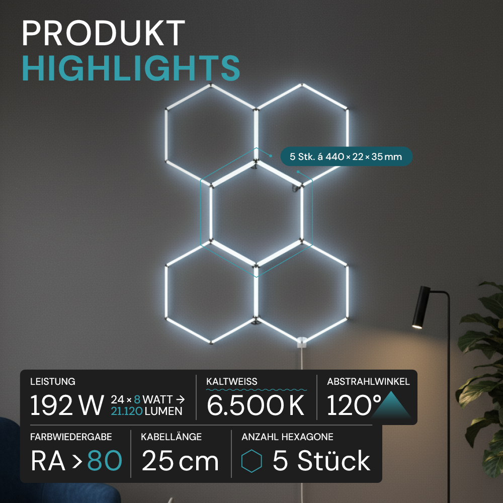 LED Deckenleuchte, HexaForm, 5er Set, 6500 K (Kaltweiß), Hexagon Leuchte, Garagenlampe, Salon Beleuchtung