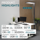 LED Büro-Stehleuchte, Up/Down, in Schwarz, 100 W, 7000 lm, 4000 K (neutralweiß), UGR<16, CRI98, dimmbar, RG0, Bridgelux LED