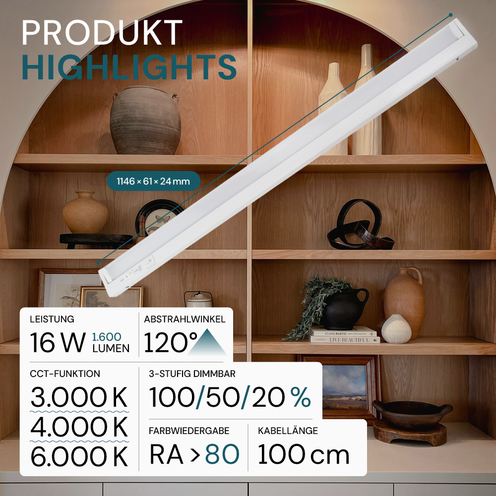 LED-Unterbauleuchte, schwenkbar, mit Schalter, 115 cm, 16 W, 1600 lm, einstellbare Lichtfarbe, dimmbar, erweiterbar, Küchen- und Schrankbeleuchtung