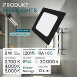 LED Einbauleuchte in Schwarz, 6 W, 230 V, IP44-geschützt, 600 lm, Lichtfarbe einstellbar, 119x26 mm, Einbaustrahler mit Diffusor, Badezimmer Deckenleuchte