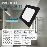 LED Einbauleuchte in Schwarz, 24 W, 230 V, IP44-geschützt, 2400 lm, Lichtfarbe einstellbar, 295x29 mm, Einbaustrahler mit Diffusor, Badezimmer Deckenleuchte