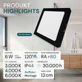 LED Aufbauleuchte in Schwarz, 6 W, 230 V, IP44-geschützt, 600 lm, Lichtfarbe einstellbar, 112x26 mm, Deckenleuchte mit Diffusor, Badezimmerlampe