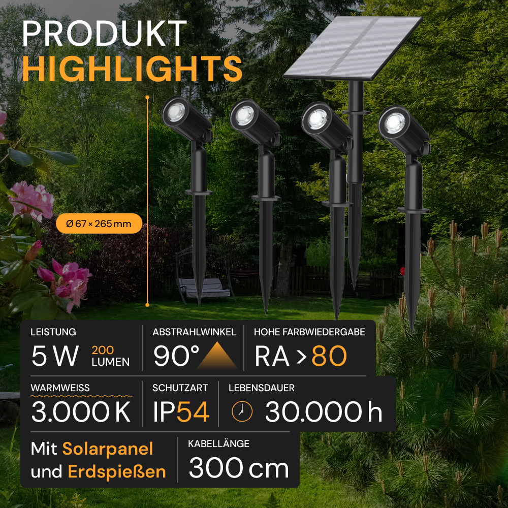 Gartenspots, IP54, 3000 K (warmweiß), 200 lm, LifePo4 Akku, monokristallines 5 W Solarpanel, flexible Montage, mit Erdspieß